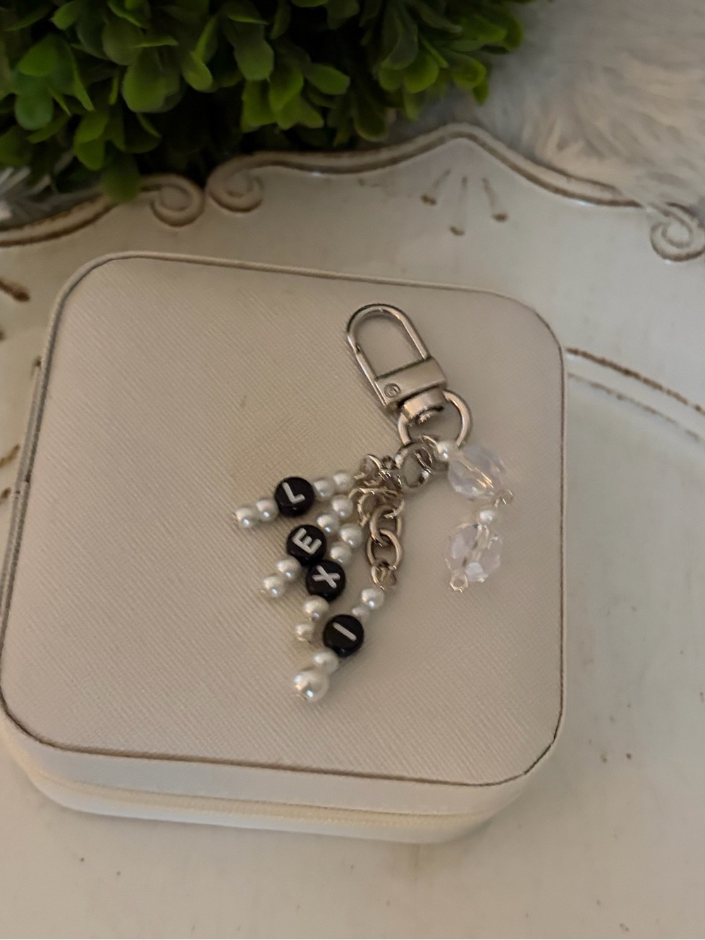 Pearl Bead Keychain Charm with Letter Beads - White LEXI